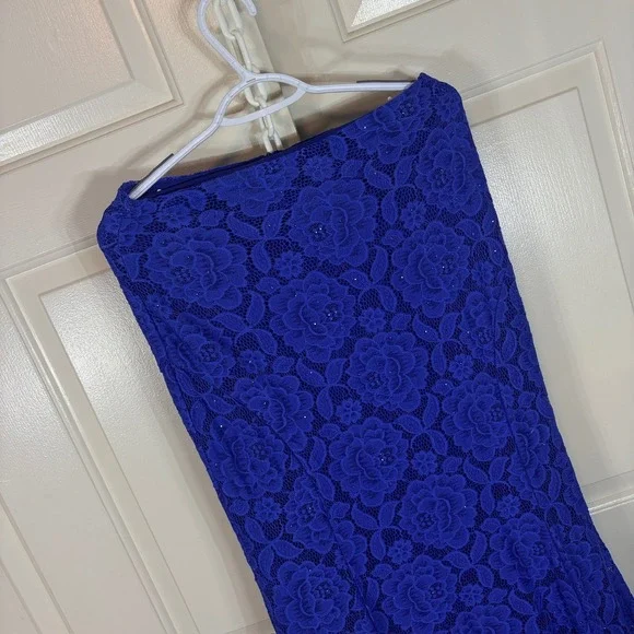 La Femme Lace Mermaid Gown Womens 10 Royal Blue Rhinestone Strapless Prom Dress - Picture 3 of 10